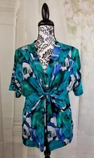 AB Studio womens stretch knit geometric print top size large gathered front bb13