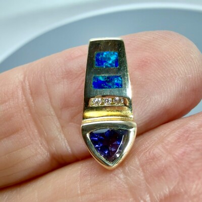 14K Yellow Gold Pendant/Slide with 5mm Iolite .03tw diamonds & opal 2.5gm
