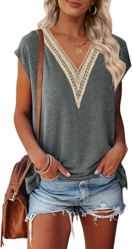 Women'S Casual Cap Sleeve Lace Trim V Neck Tops 2025 Summer Loose Tee Shirts Blo