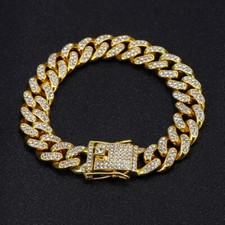 Men  s Chain Gold Plated Solid Miami Cuban Link Iced CZ Out Chain Bracelet New