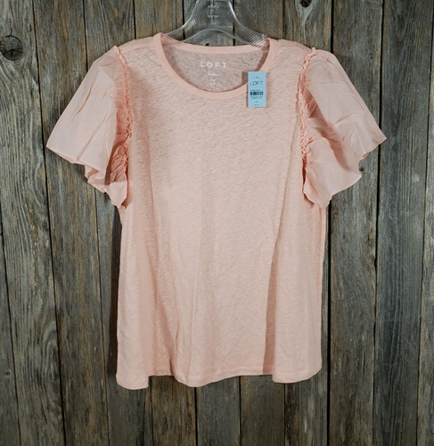 NEW Loft MP PM Top Women's Peach Short Flutter Sleeve Linen Blouse Petite