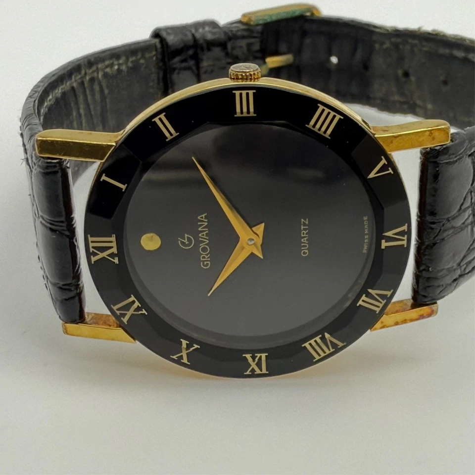 Reloj de cuarzo suizo vintage años 80 para mujer GROVANA, tono dorado/negro, cuero, 32 mm Foto 4 de 4