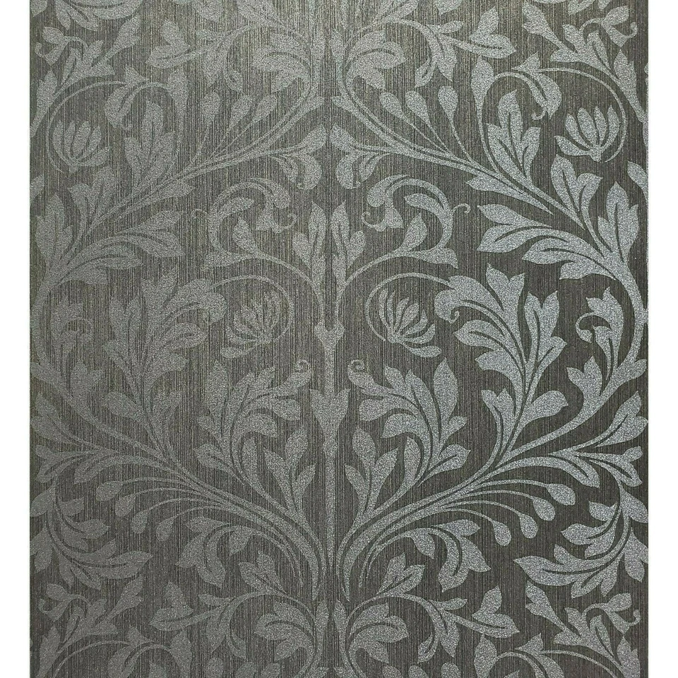 Floral Damask Glassbeads textured charcoal gray silver Metallic lines Wallpaper - Image 4 of 4