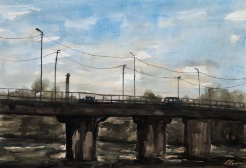 ORIGINAL А3 Signed Handmade Watercolour painting. Landscape Bridge cityscape - 第 1/2 張圖片