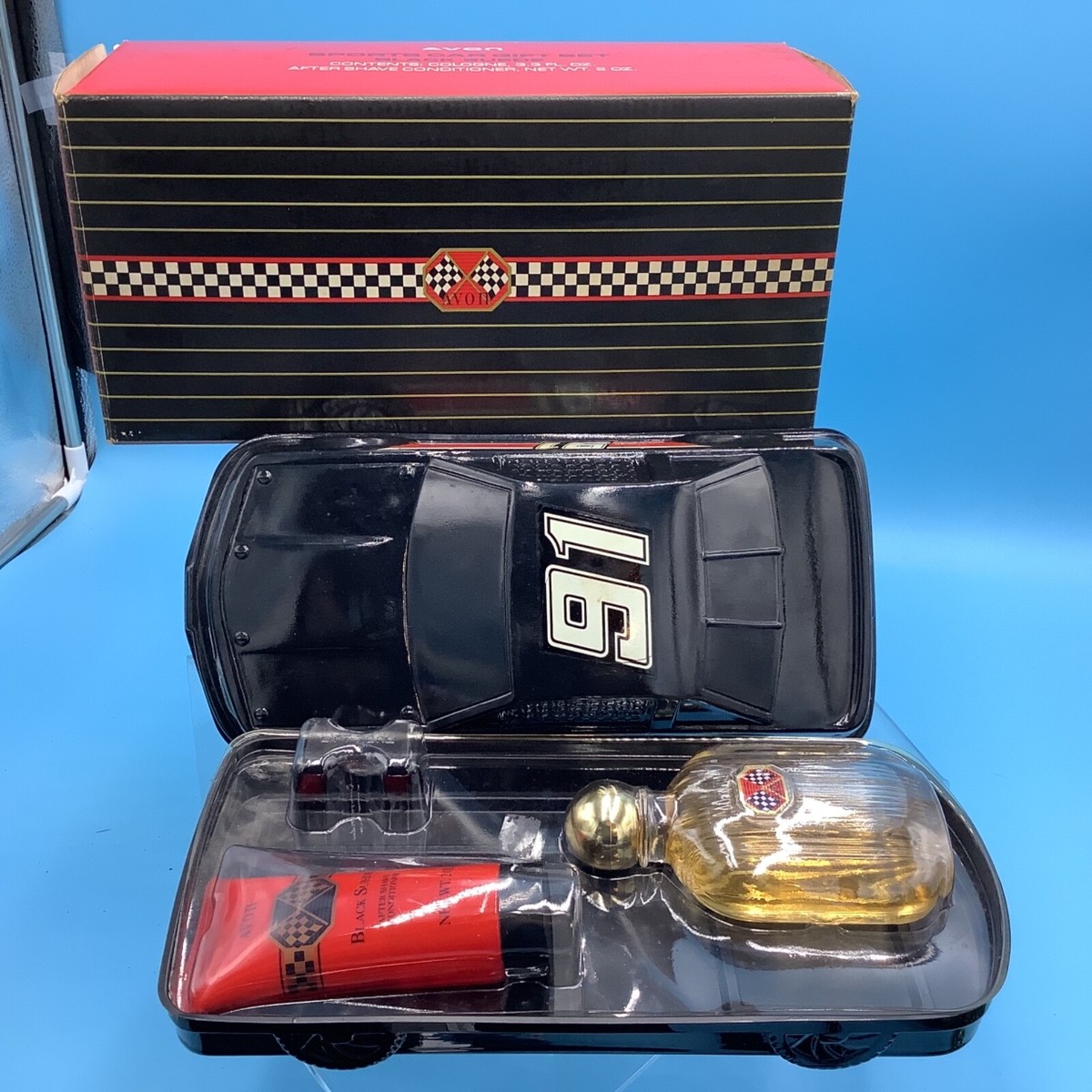 Avon Black Suede Race Car Gift Set Cologne 2oz After Shave Conditioner