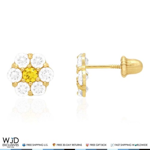 14k Gold CZ & Citrine Flower Cluster Screwback Stud Earrings - Picture 2 of 5