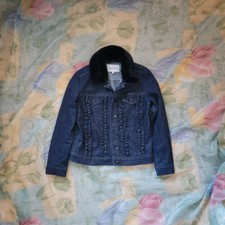 Nwot Claudie Pierlot Faux Fur Collar Ruffle Denim Jacket 34 Xs