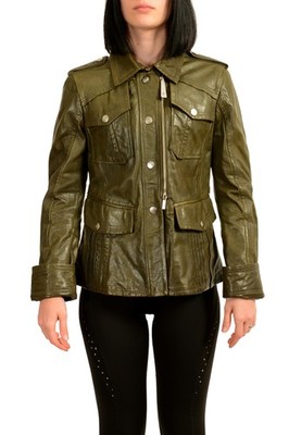 Just Cavalli Women's Green Leather Bomber Jacket US M IT 42