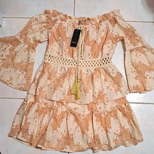 SHEILAY M Beige Floral Lace Off Shoulder Bell Sleeve Mini Dress Tassel