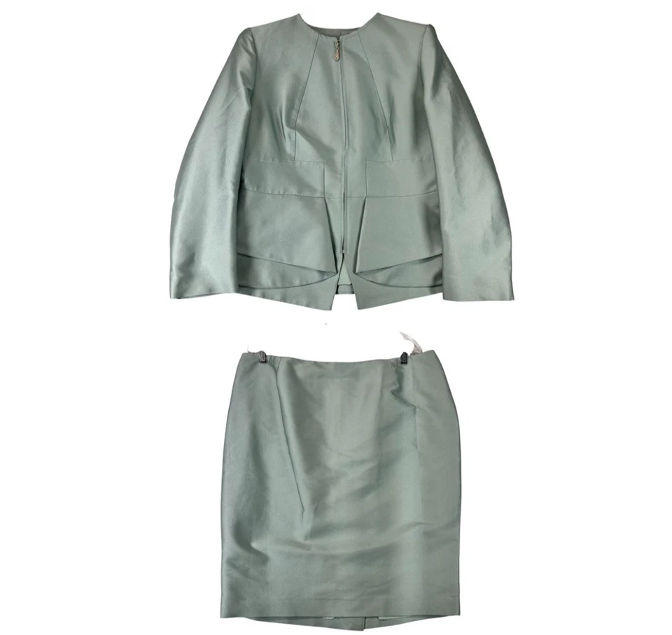 Escada 2Pc Suit Womens Full Zip Blazer Jacket 44 Skirt 46 Teal Silk Blend VTG - Image 2 of 4