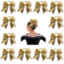 12PCS 7'''' Large Glitter Cheer Hair Bows Ponytail Holder Elastic Band Handmade