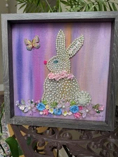 Easter Framed Jewelry Art. Pearl Bunny