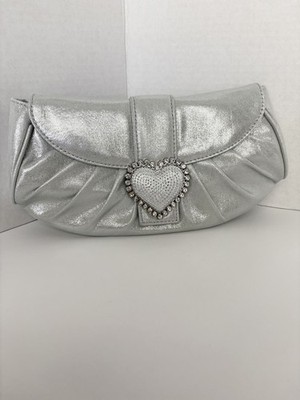 Nina Silver Crystal Heart Clutch Evening Bag Formal Party Cocktail Going Out 