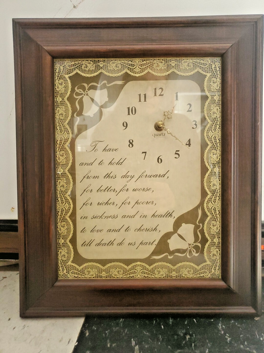 1980s Vintage Wall Clock Wedding Wood Framed Quartz Lace Vows Bells 16" X 13"