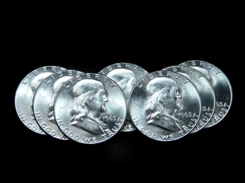 Lot of 7x 1963 50c Franklin Silver Half Dollars - BU Lot