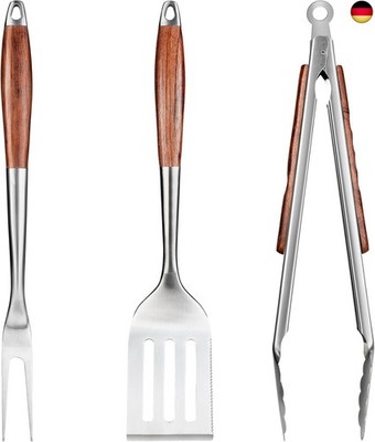 FJNATINH Grillzubehör Set aus Edelstahl mit Holzgriff,3-teiliges BBQ Werkzeug 