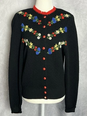 Vintage 1960s Steffy Luzern Embroidered Black Swiss Alpine Cardigan Sweater M - Image 1 of 4