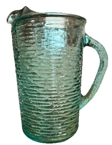 Vintage Anchor Hocking Soreno Aqua Turquoise Pitcher Textured 8.5” Cottage Core