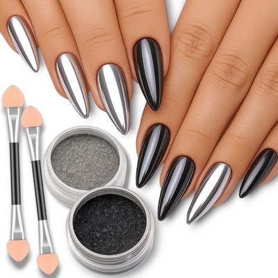 Schwarz Silber Chrom Spiegel Nagel Pulver Set 2tlg Glänzend Metallic Effekt Maniküre