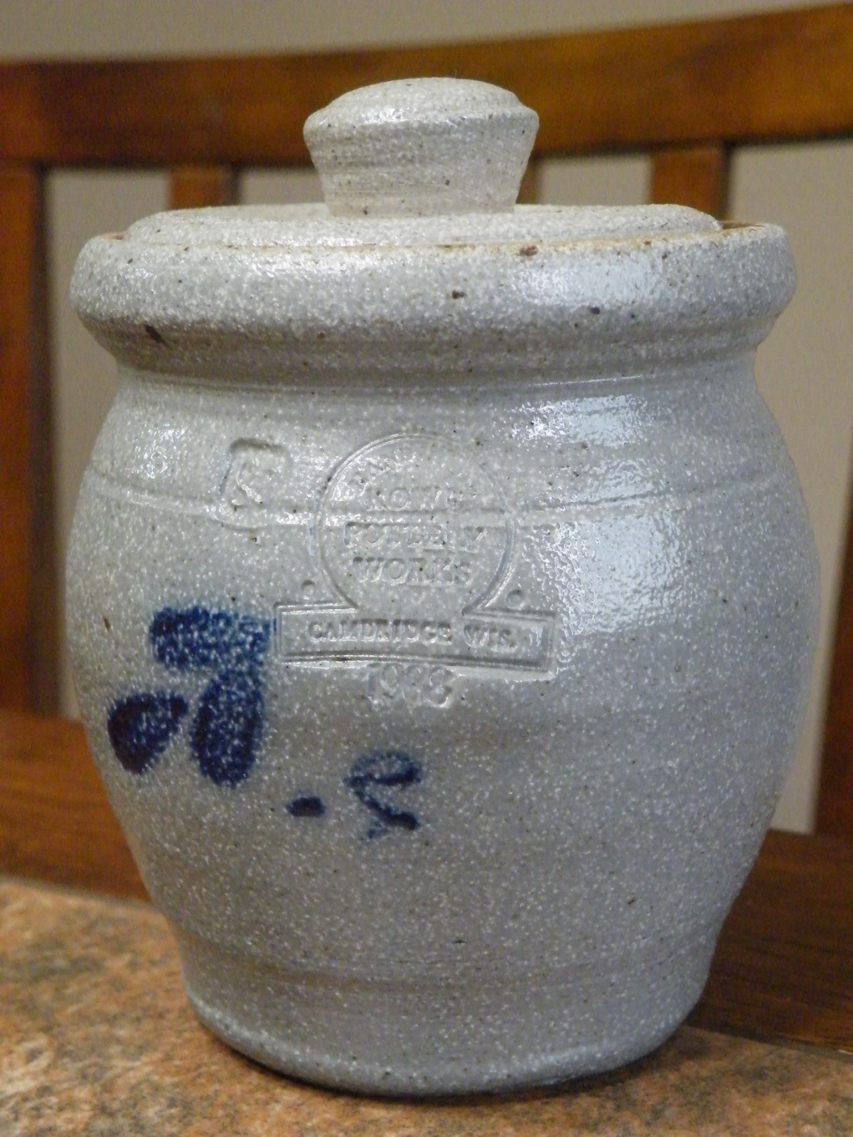 Rowe Pottery Salt Glazed BLUE HEART 4.75" Canister Crock w/ LID 1988 + Cruet 5.5