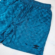 VTG Umbro Mens XL Teal Blue Checkerboard Soccer Shorts Glossy Athletic Retro