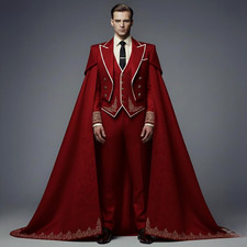 Red Men's Suits with Long Cape Embroidery Wedding Evening Party Prom 3 Pieces