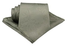 Mens Satin Paisley Tie Set : Necktie and Pocket Square - Regular Tie Sage Green