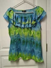 AB Studio women's L sleeveless top green multi print ruffled neckline side zip