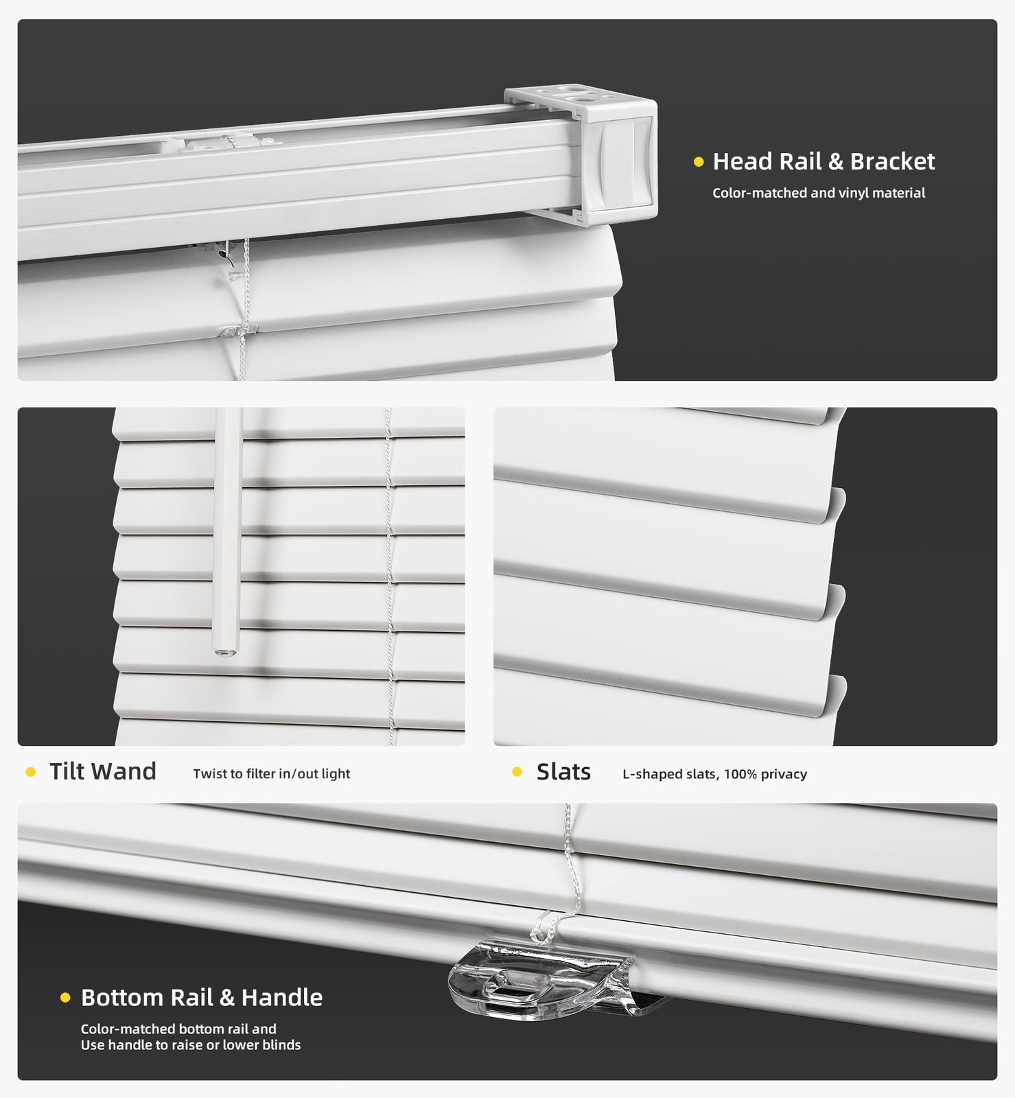 100% Privacy L-Shaped Blades Mini Blinds for Indoor Windows 1" Vinyl Cordless...