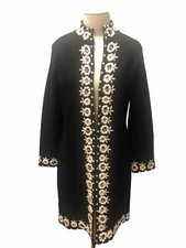 Kenar Wool Coat Womens Size Small Black With White Raised Floral Stunning