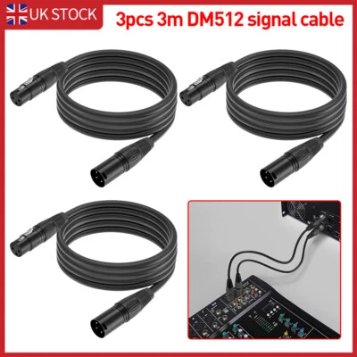 QTX SOUND 3 x 3M DMX Leads 3-Pin XLR Male to Female High Quality DJ Stage Lighting Cable