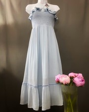 Blue Ruffle Halter Bridal Gown, Prom Formal Evening Midi Tea Length Gown