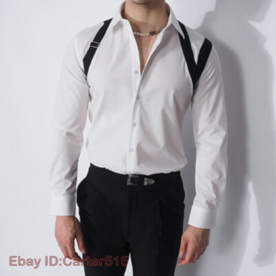 Men's Shirts Long Sleeve Casual Korean Slim Blouse Shoulder Strap Pointed  Collar