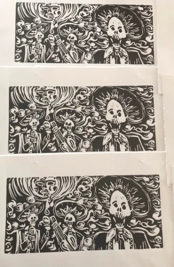 Banda de Mariachi Esqueleto Día de los Muertos Linocorte Impresión Original Hecho a Mano Arte  Foto 4 de 4