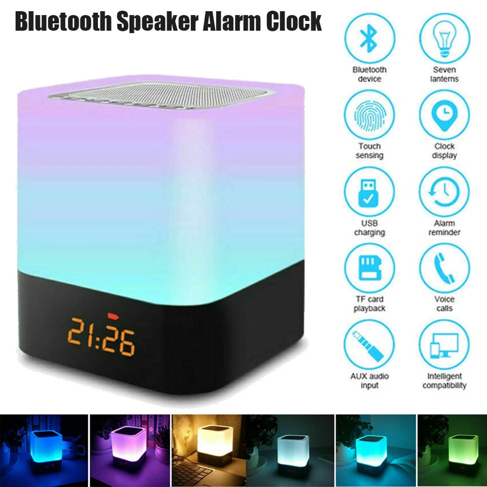Bluetooth Music Speaker Alarm Clock Touch LED Night Light Desk Bedside Lamp Gift - Image 2 of 4