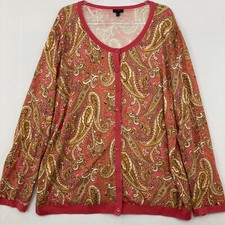 Talbots size 3X Red Yellow Paisley Lightweight Knit Stretch Button Cardigan
