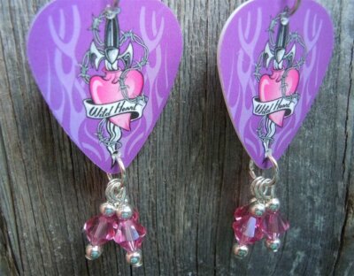 Wild Heart Guitar Pick Earrings with Pink Swarovski Crystal Dangles
