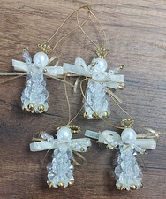 Set of 4 Handmade 2.5" Angel Christmas Ornaments Clear Gold Bead Ribbon A11