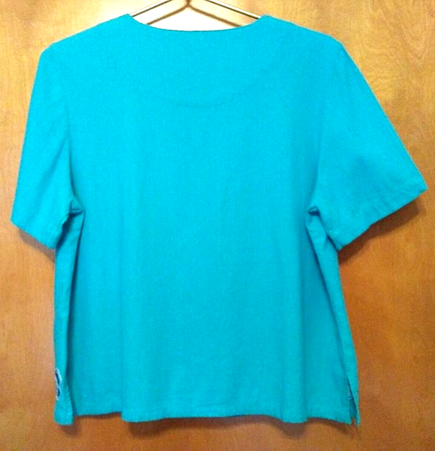 KORET Button Top M Vintage Turquoise Blue Embroidered Linen Blend Shoulder Pads - Picture 3 of 5