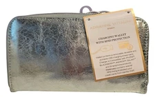 Adrienne Vittadini Studio Charging Zip Around Wallet Mint Crackled Metallic NWT