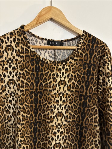 Lilia Size L Women’s Top Brown Black Animal Print Short Sleeve Cotton Polyester - Picture 2 of 12