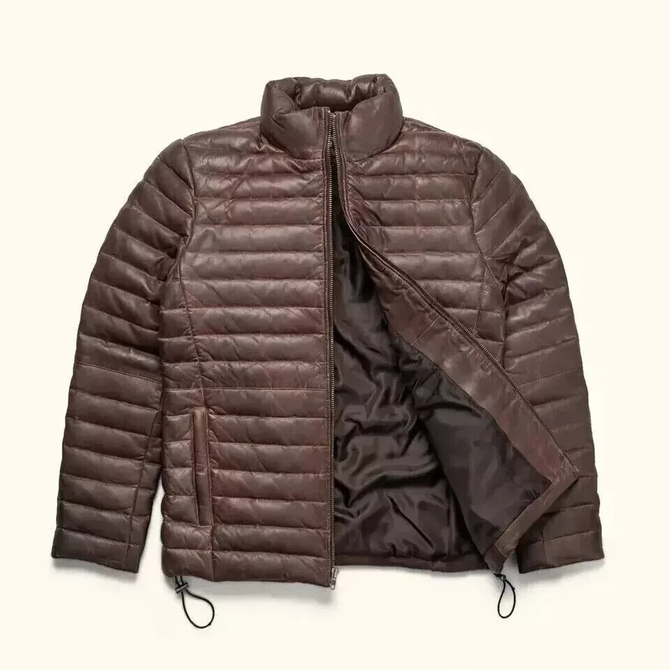 Men's Brown Lambskin Leather Puffer Jacket with Down Insulation
