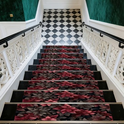 Red And Black Floral Patterned Stair Mat, Soft And Durable, Machine Washable A