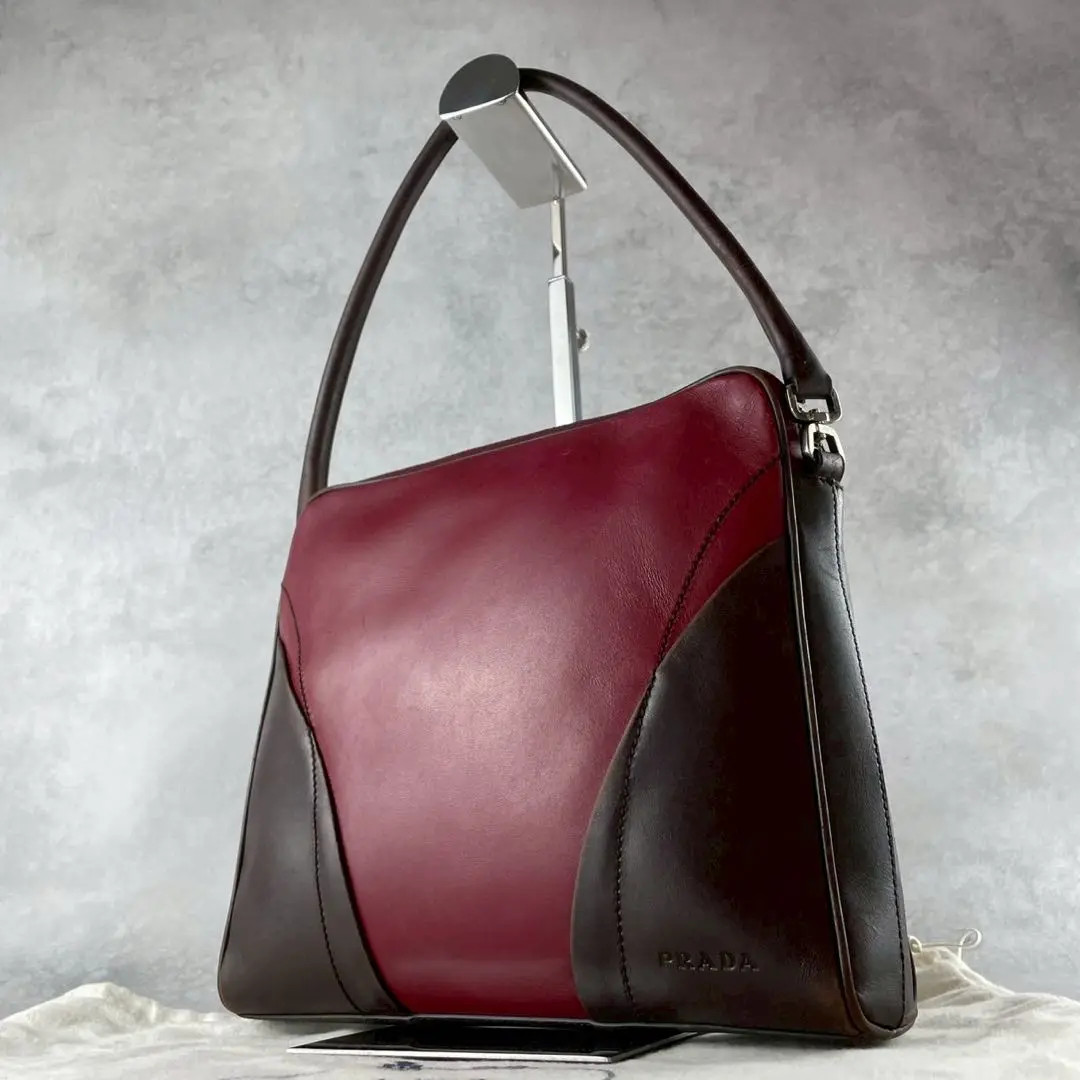 Prada Bordeaux Leather One Shoulder Y2K Logo Handbag Authentic