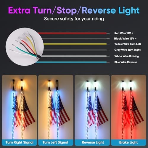 4FT Whip Lights with Strobe Light Combo Kit - Spring Base, Rocker Switch ＆ App 