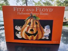 Fitz And Floyd Halloween Bunny Blooms Pumpkin with Bunnies Candy Jar. New in Box