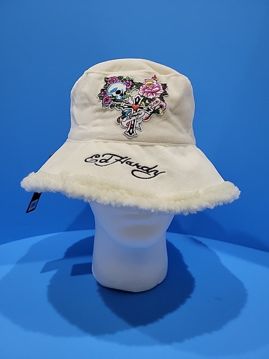 ?️Ed Hardy White Bucket Hat Embroidered Skull Rose Y2K Streetwear OS Ed Hardy Pink Hats for Women for sale | eBay main image 4