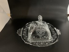 Heisey etched  orchid pattern butter dish with dome cover Seahorse head knob