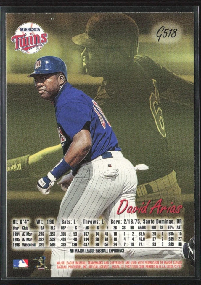 David Arias Ortiz 1997 Fleer Ultra Gold Medallion RC #G518 Minnesota Twins Foto 2 de 2