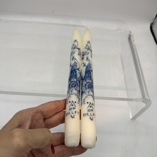 2 Delft Blue & White Floral Taper Candles Flowers Peacock Holland 9.5&rdquo;
